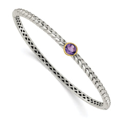 Shey Couture Sterling Silver Antiqued with 14K Accent Round Bezel Amethyst Hinged Bangle Bracelet QTC946