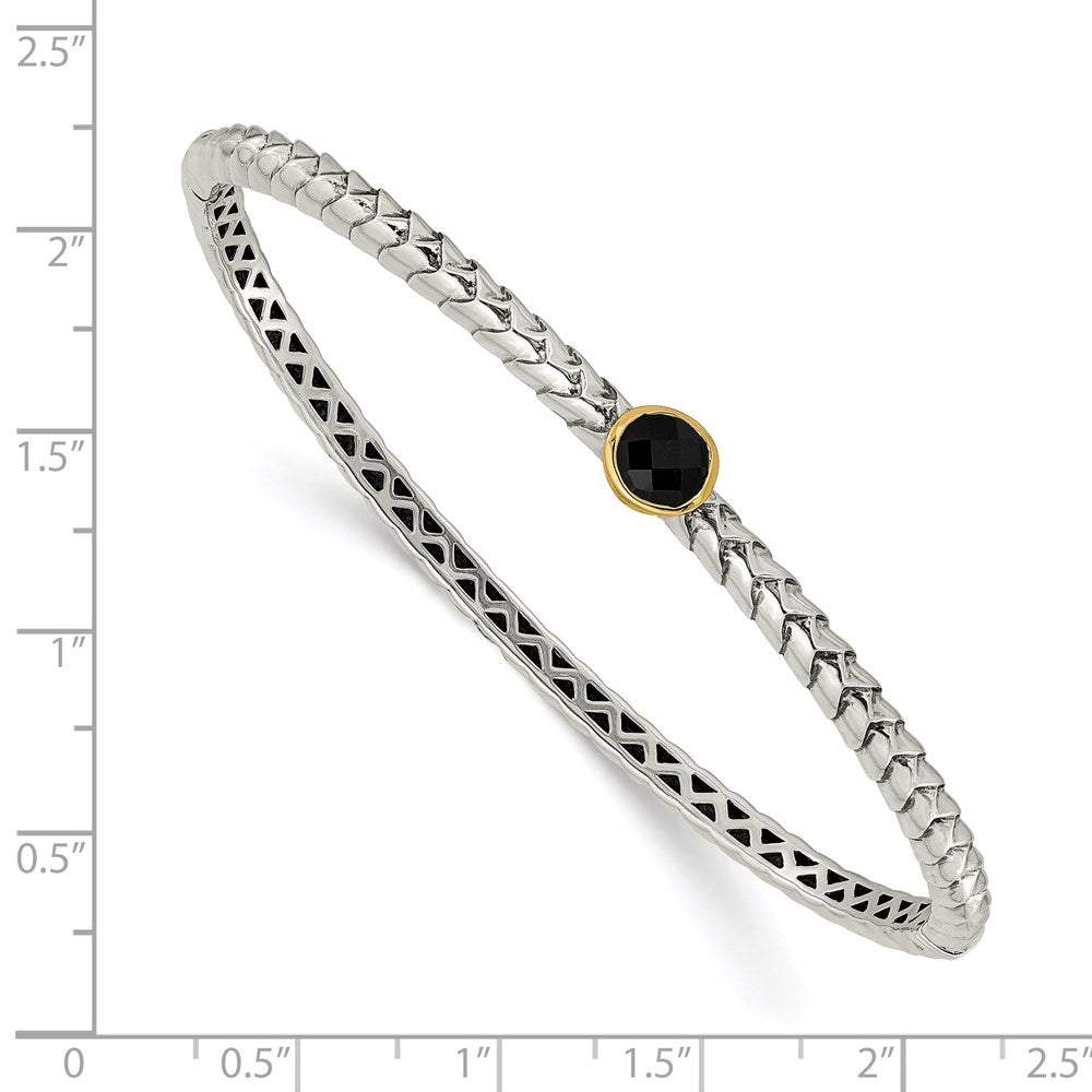 Shey Couture Sterling Silver with 14K Accent Antiqued Checkerboard-cut Black Onyx Hinged Bangle Bracelet QTC948