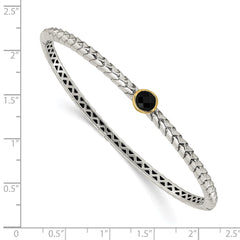 Shey Couture Sterling Silver with 14K Accent Antiqued Checkerboard-cut Black Onyx Hinged Bangle Bracelet QTC948