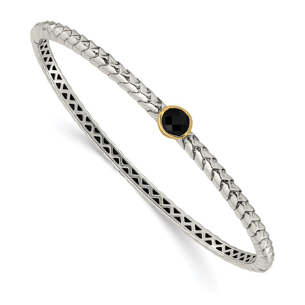Shey Couture Sterling Silver with 14K Accent Antiqued Checkerboard-cut Black Onyx Hinged Bangle Bracelet QTC948