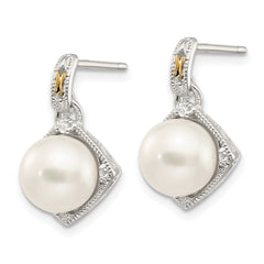 QTC960 Shey Couture Sterling Silver Rhodium-plated with 14K Accent 7.5-8mm Freshwater Cultured Pearl and Diamond Dangle Post Earrings
