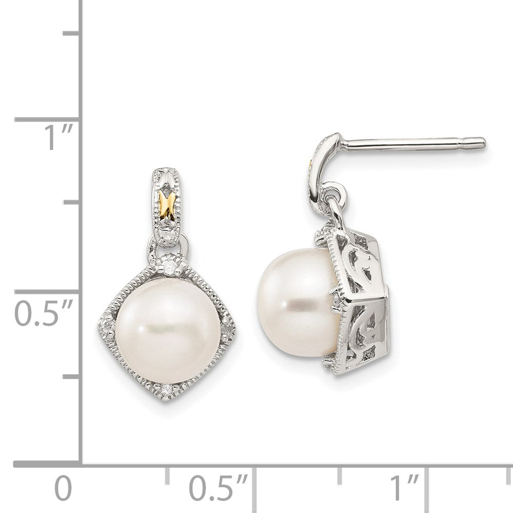 QTC960 Shey Couture Sterling Silver Rhodium-plated with 14K Accent 7.5-8mm Freshwater Cultured Pearl and Diamond Dangle Post Earrings