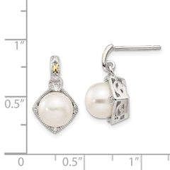 QTC960 Shey Couture Sterling Silver Rhodium-plated with 14K Accent 7.5-8mm Freshwater Cultured Pearl and Diamond Dangle Post Earrings