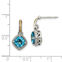 QTC962 Shey Couture Sterling Silver with 14K Accent Antiqued Cushion Light Swiss Blue Topaz Post Dangle Earrings