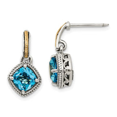 QTC962 Shey Couture Sterling Silver with 14K Accent Antiqued Cushion Light Swiss Blue Topaz Post Dangle Earrings