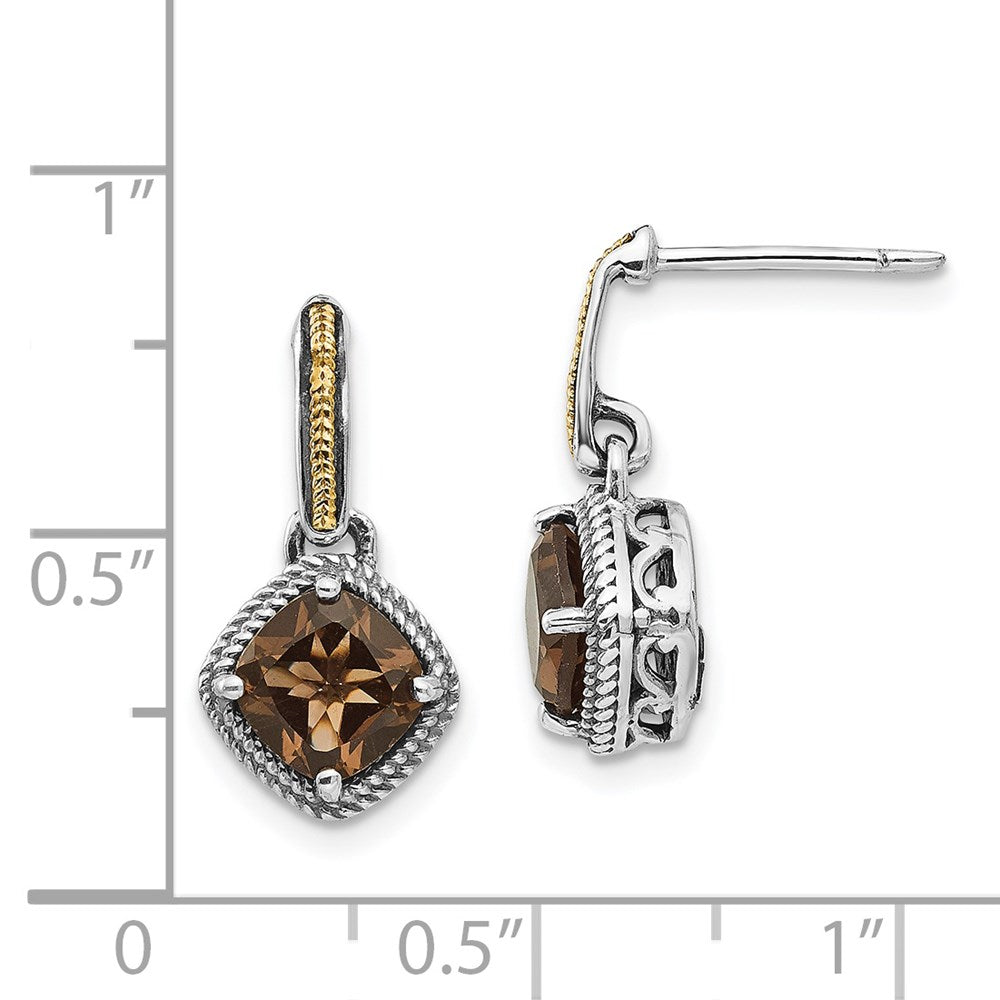 QTC964 Shey Couture Sterling Silver with 14K Accent Antiqued Cushion Smoky Quartz Post Dangle Earrings