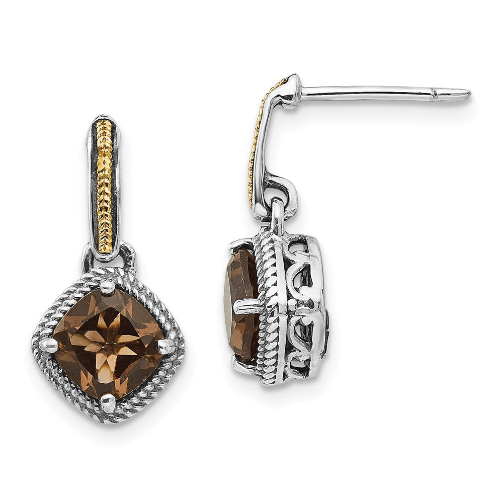 QTC964 Shey Couture Sterling Silver with 14K Accent Antiqued Cushion Smoky Quartz Post Dangle Earrings
