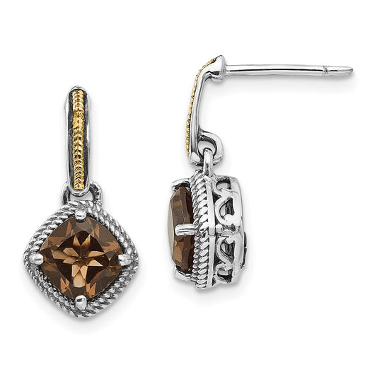 QTC964 Shey Couture Sterling Silver with 14K Accent Antiqued Cushion Smoky Quartz Post Dangle Earrings
