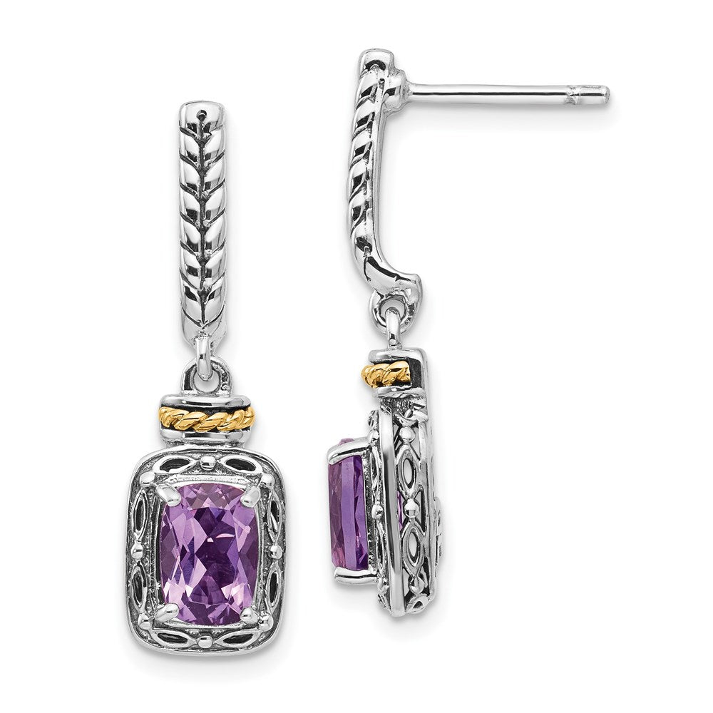 QTC985 Shey Couture Sterling Silver with 14K Accent Antiqued Cushion Amethyst Post Dangle Earrings