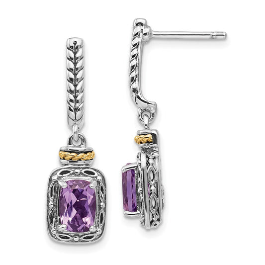 QTC985 Shey Couture Sterling Silver with 14K Accent Antiqued Cushion Amethyst Post Dangle Earrings