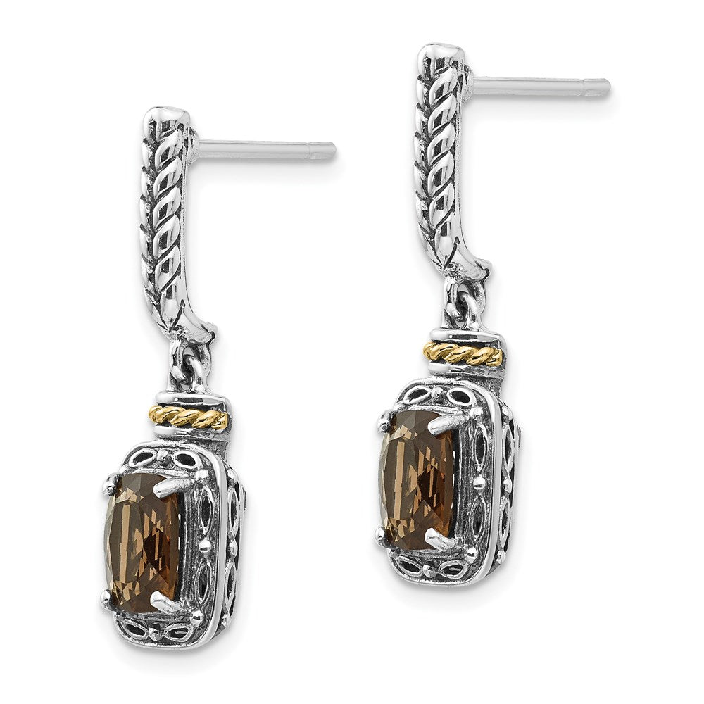 QTC989 Shey Couture Sterling Silver with 14K Accent Antiqued Cushion Smoky Quartz Post Dangle Earrings