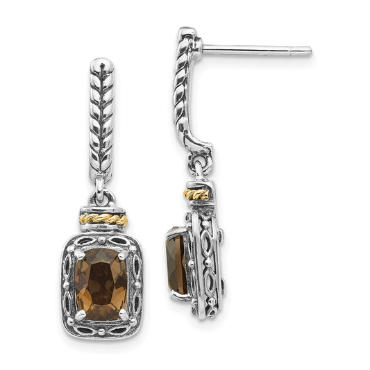 QTC989 Shey Couture Sterling Silver with 14K Accent Antiqued Cushion Smoky Quartz Post Dangle Earrings