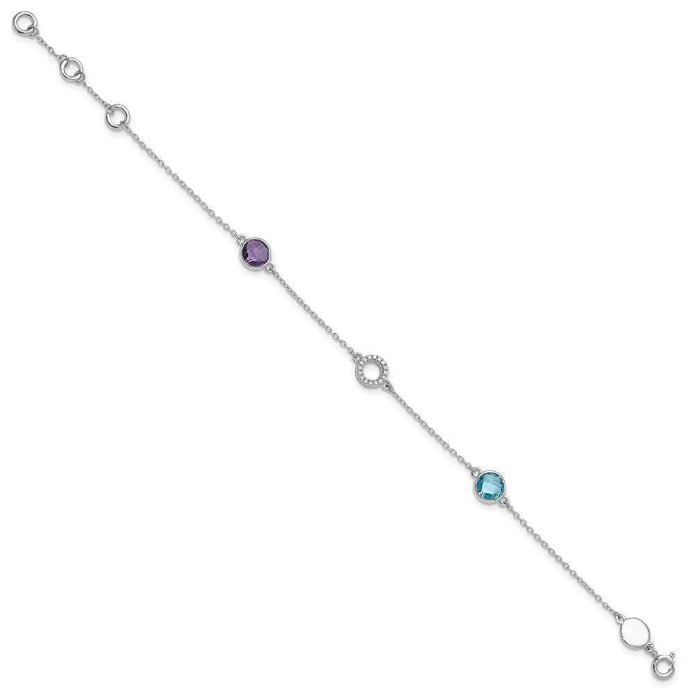 White Ice Sterling Silver/Rhodium-plated Diamond, Blue Topaz, Amethyst 6.25 inch Bracelet plus 1 inch Extender QW361BTAM-7.25
