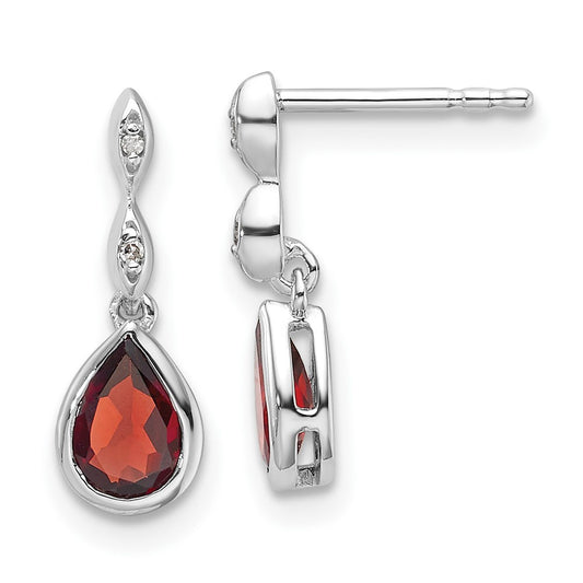 QW370GA White Ice Sterling Silver Rhodium-plated Diamond and Garnet Teardrop Post Dangle Earrings
