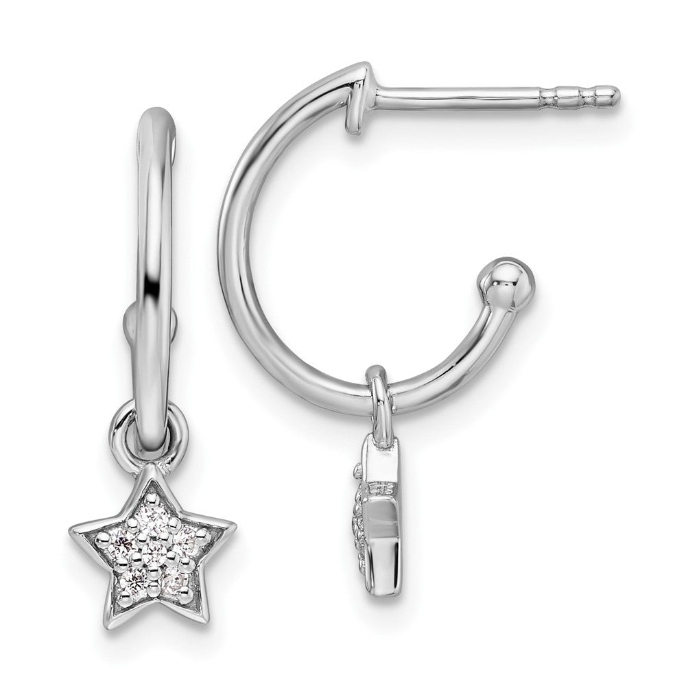 QW509 White Ice Sterling Silver Rhodium-plated Diamond Star Dangle J-Hoop Post Earrings