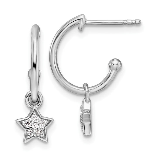 QW509 White Ice Sterling Silver Rhodium-plated Diamond Star Dangle J-Hoop Post Earrings