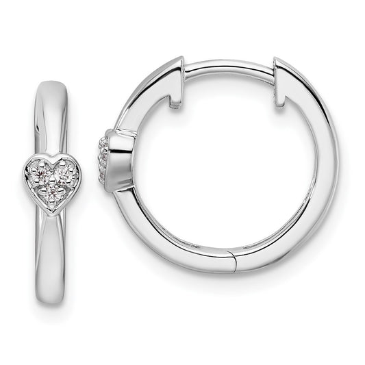 QW524 White Ice Sterling Silver Rhodium-plated Diamond Heart Hinged Hoop Earrings