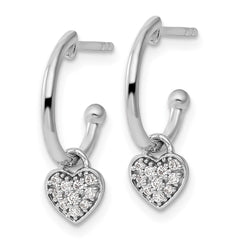 QW525 White Ice Sterling Silver Rhodium-plated Diamond Heart Dangle J-Hoop Post Earrings