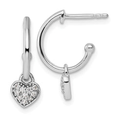 QW525 White Ice Sterling Silver Rhodium-plated Diamond Heart Dangle J-Hoop Post Earrings