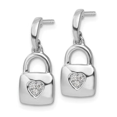 QW526 White Ice Sterling Silver Rhodium-plated Diamond Heart Lock Dangle Post Earrings