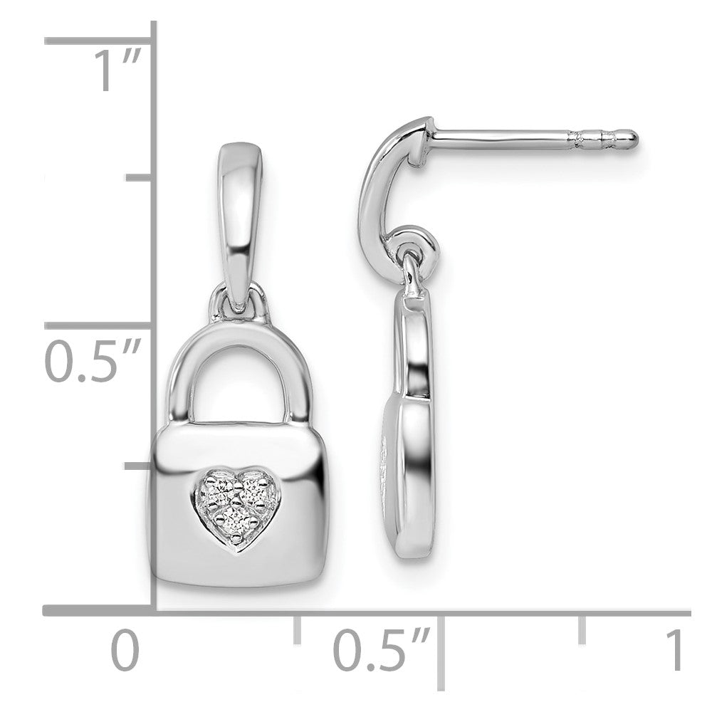 QW526 White Ice Sterling Silver Rhodium-plated Diamond Heart Lock Dangle Post Earrings