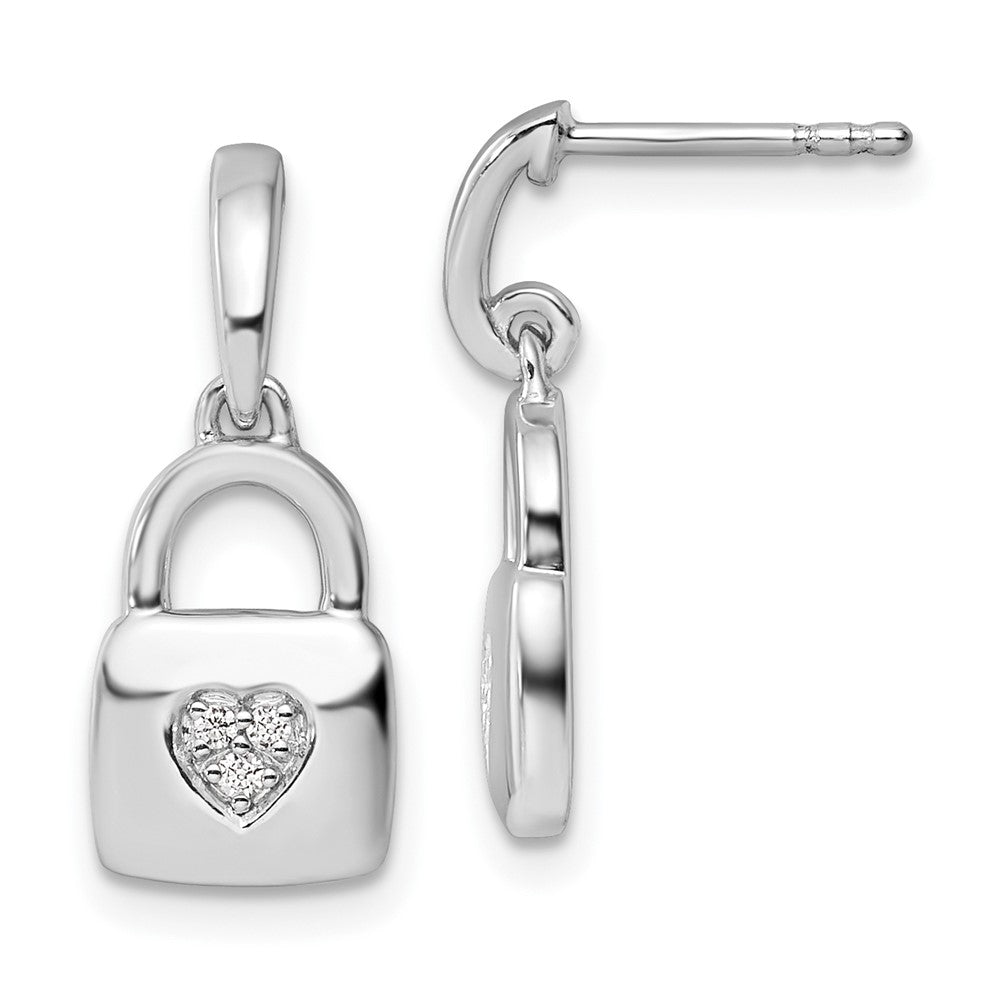 QW526 White Ice Sterling Silver Rhodium-plated Diamond Heart Lock Dangle Post Earrings