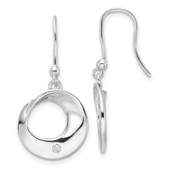 QW555 White Ice Sterling Silver Rhodium-plated Diamond Circle Shepherds Hook Dangle Earrings