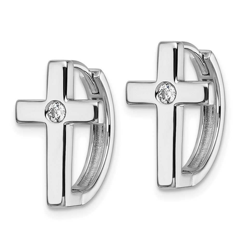 QW579 White Ice Sterling Silver Rhodium-plated Hinged Diamond Cross Hoop Earrings