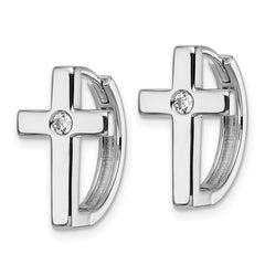 QW579 White Ice Sterling Silver Rhodium-plated Hinged Diamond Cross Hoop Earrings