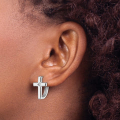 QW579 White Ice Sterling Silver Rhodium-plated Hinged Diamond Cross Hoop Earrings