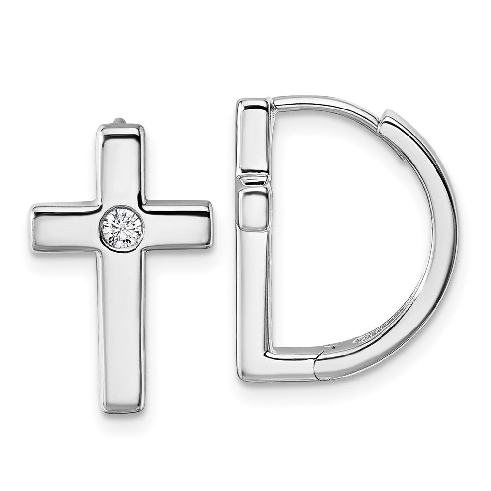 QW579 White Ice Sterling Silver Rhodium-plated Hinged Diamond Cross Hoop Earrings