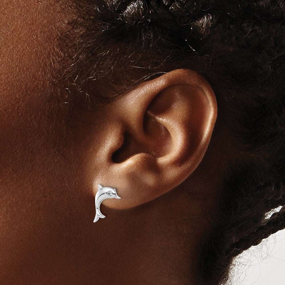 QW597 White Ice Sterling Silver Rhodium-plated Diamond Dolphin Post Earrings
