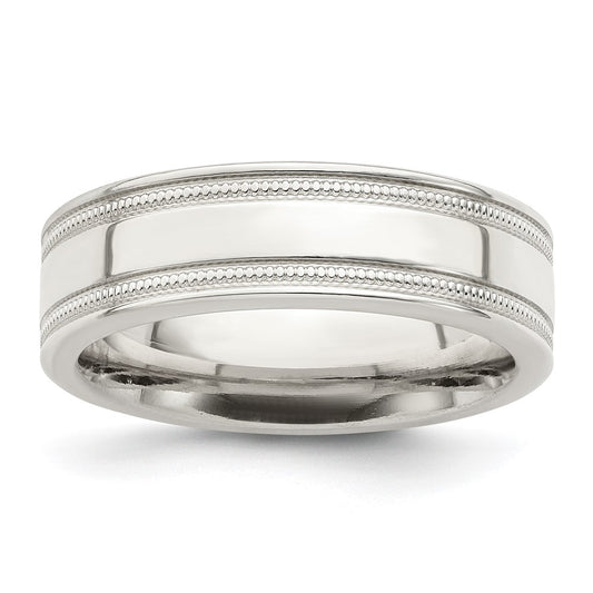 Sterling Silver 6mm Polished Flat Milgrain Grooved Edge Fancy Band Size 10