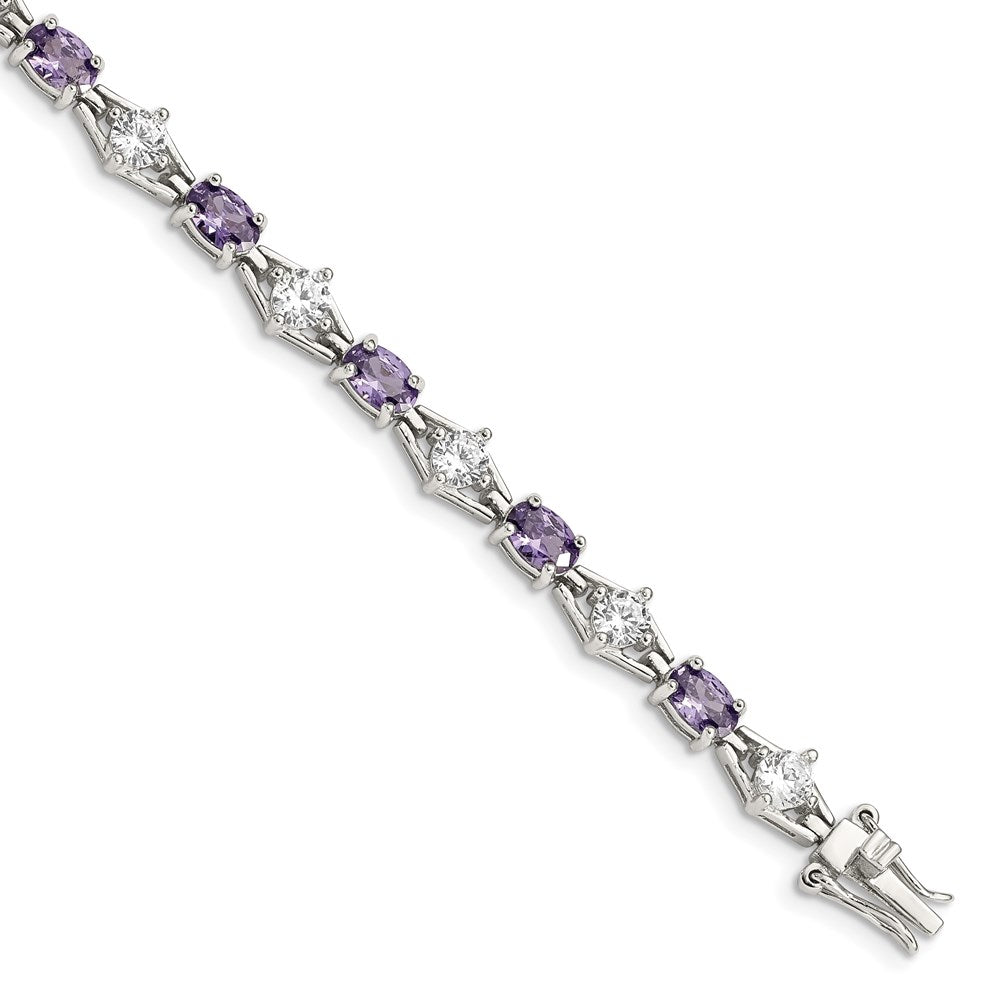 Sterling Silver Rhodium-plated Purple and Clear CZ Bracelet QX224CZ