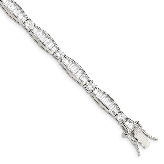 Sterling Silver Rhodium-plated Baguette and Round CZ Bracelet QX400CZ