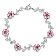 Sterling Silver Rhod-plated 7.75in Pink and Clear CZ Flower Bracelet QX420CZ