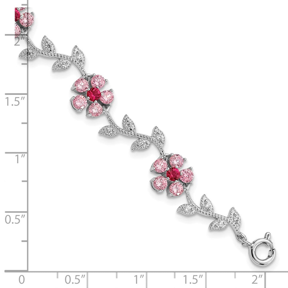 Sterling Silver Rhod-plated 7.75in Pink and Clear CZ Flower Bracelet QX420CZ