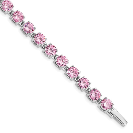 Sterling Silver Rhodium Plated Pink CZ 7 inch Tennis Bracelet QX424CZ
