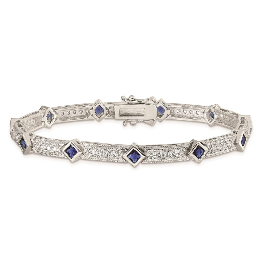 Sterling Silver Rhodium-plated Blue Glass and CZ 7.25 inch Bracelet QX436CZ
