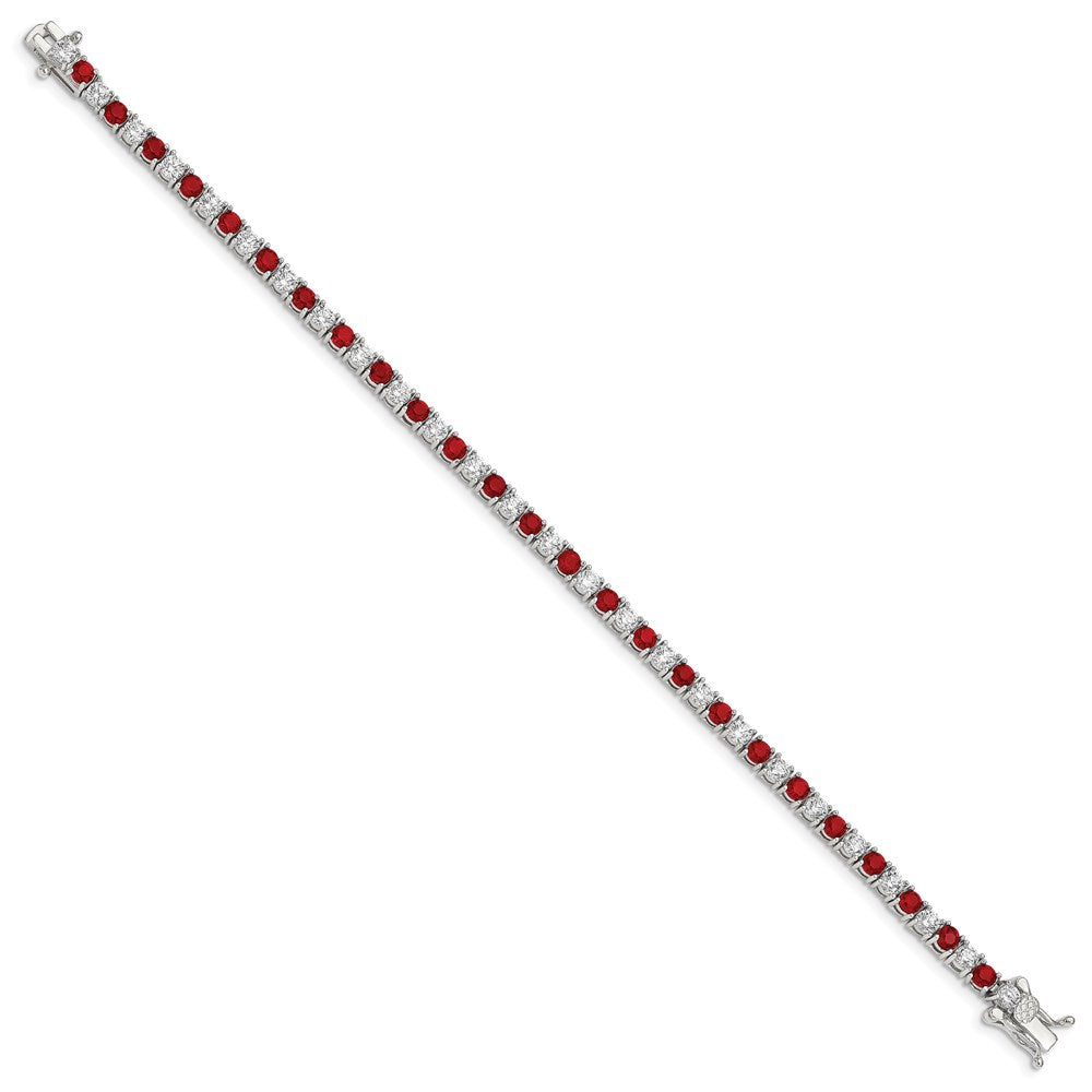 Sterling Silver Rhodium-plated Red Glass and CZ 7 inch Bracelet QX439CZ
