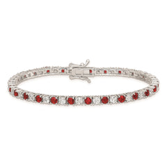 Sterling Silver Rhodium-plated Red Glass and CZ 7 inch Bracelet QX439CZ