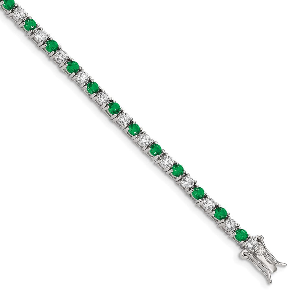 Sterling Silver Rhodium-plated Green Glass and CZ 7 inch Bracelet QX440CZ