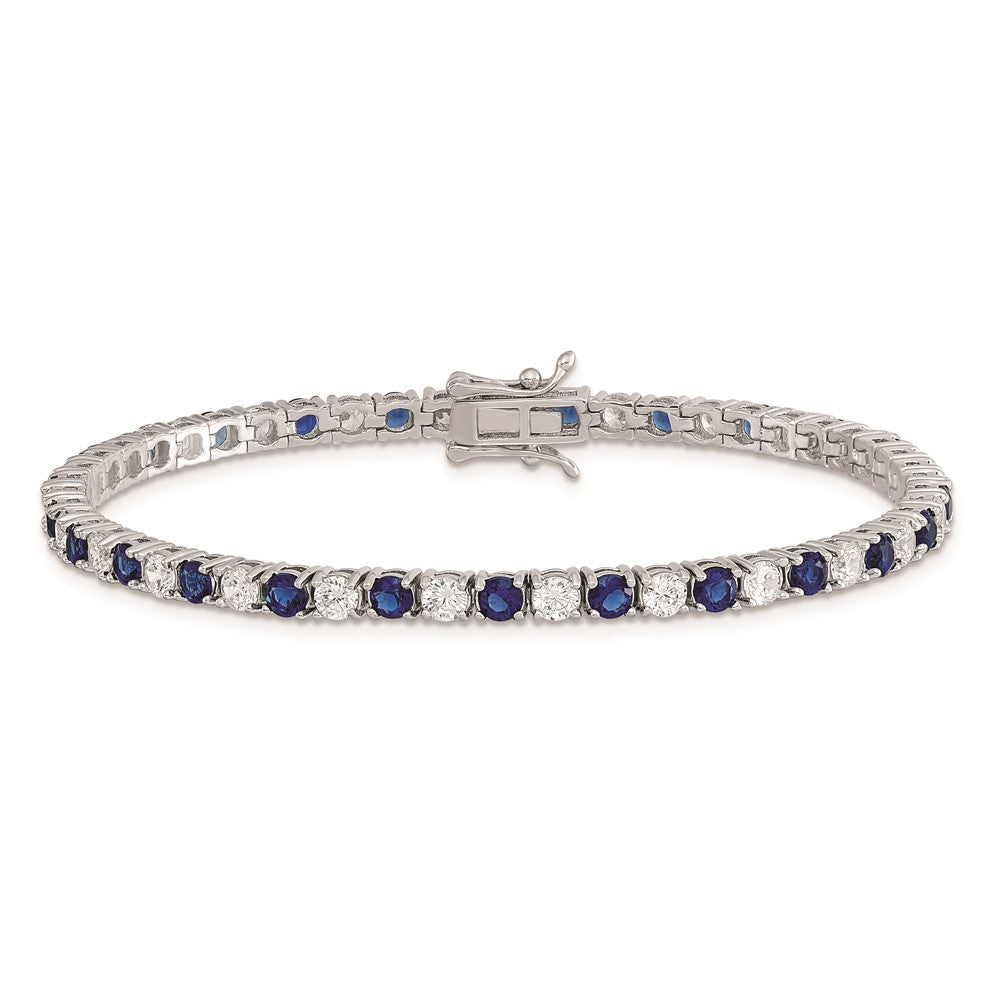Sterling Silver Rhodium-plated Blue Glass and CZ 7 inch Bracelet QX441CZ
