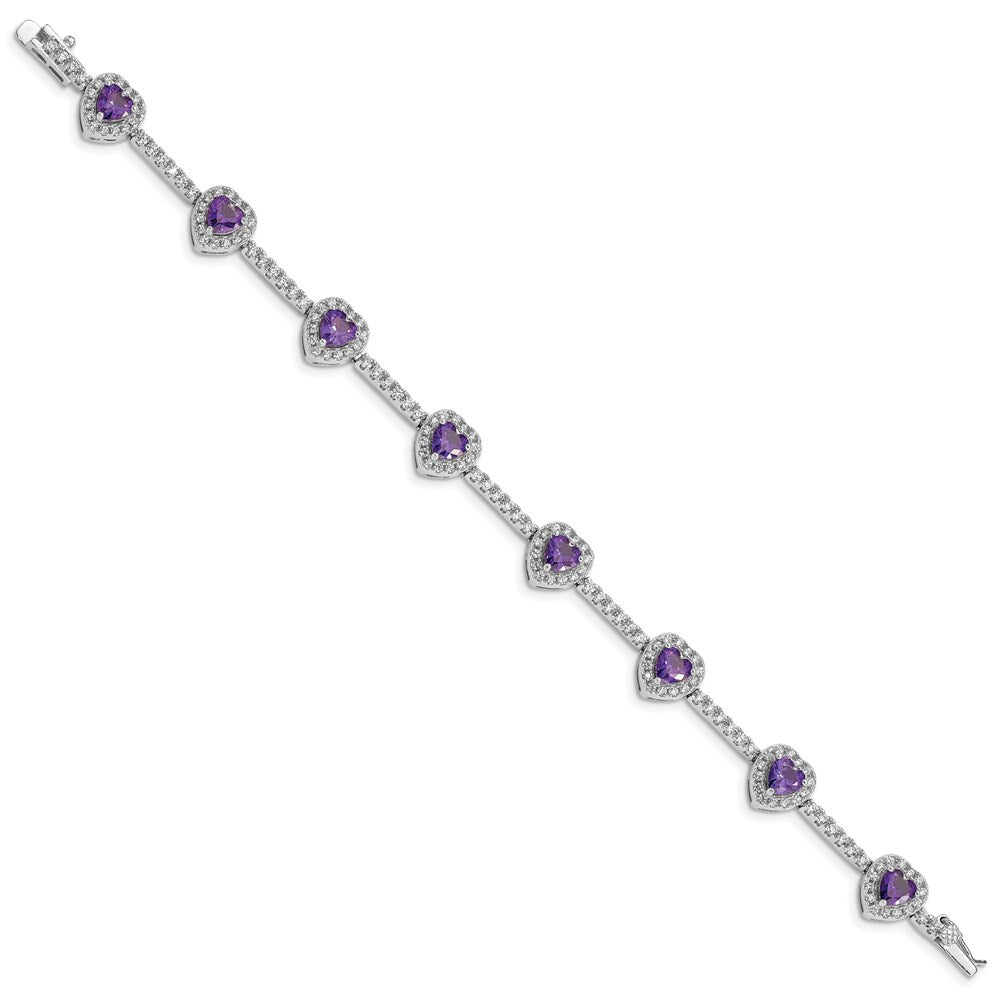Sterling Silver Rhodium-plated Amethyst and Clear CZ Heart Bracelet QX452AM
