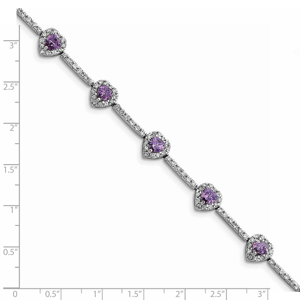 Sterling Silver Rhodium-plated Amethyst and Clear CZ Heart Bracelet QX452AM