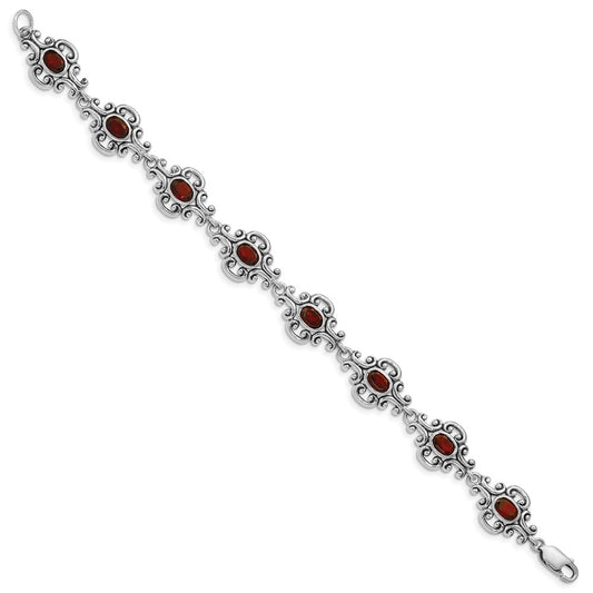 Sterling Silver Rhodium Plated Antiqued Garnet Bracelet QX469GA
