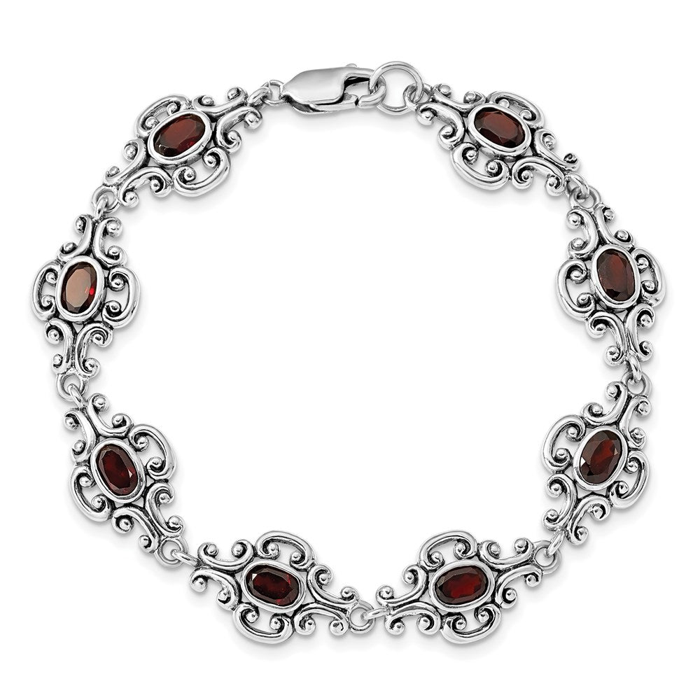 Sterling Silver Rhodium Plated Antiqued Garnet Bracelet QX469GA