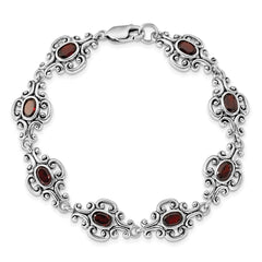 Sterling Silver Rhodium Plated Antiqued Garnet Bracelet QX469GA