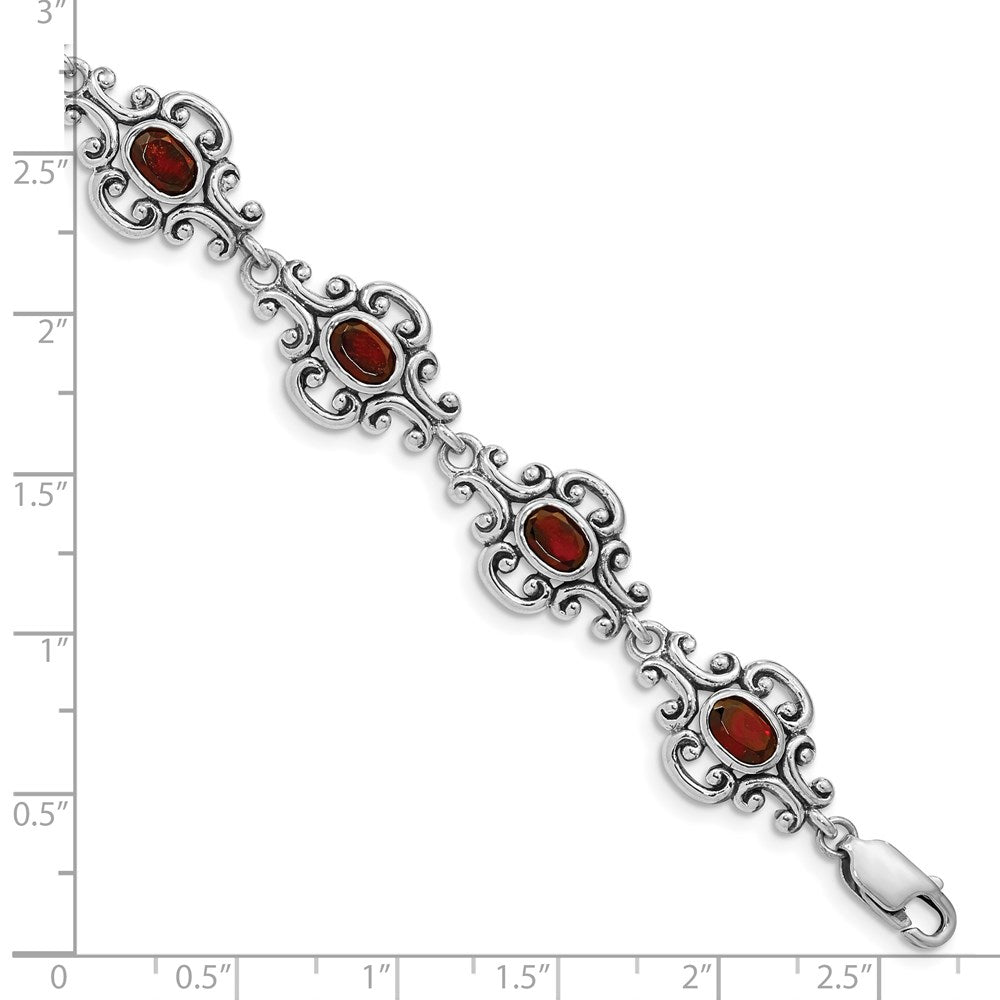 Sterling Silver Rhodium Plated Antiqued Garnet Bracelet QX469GA
