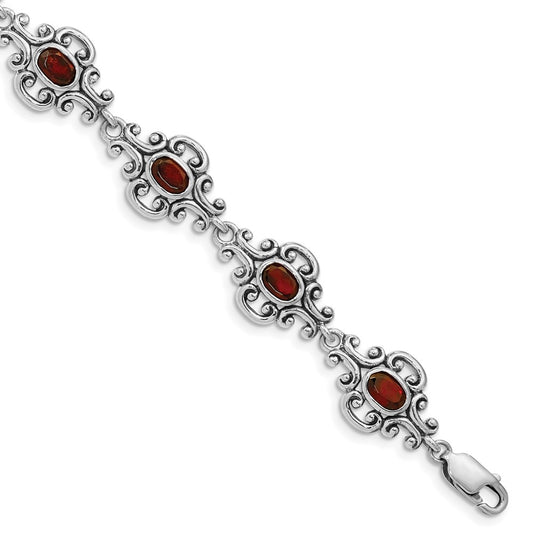 Sterling Silver Rhodium Plated Antiqued Garnet Bracelet QX469GA